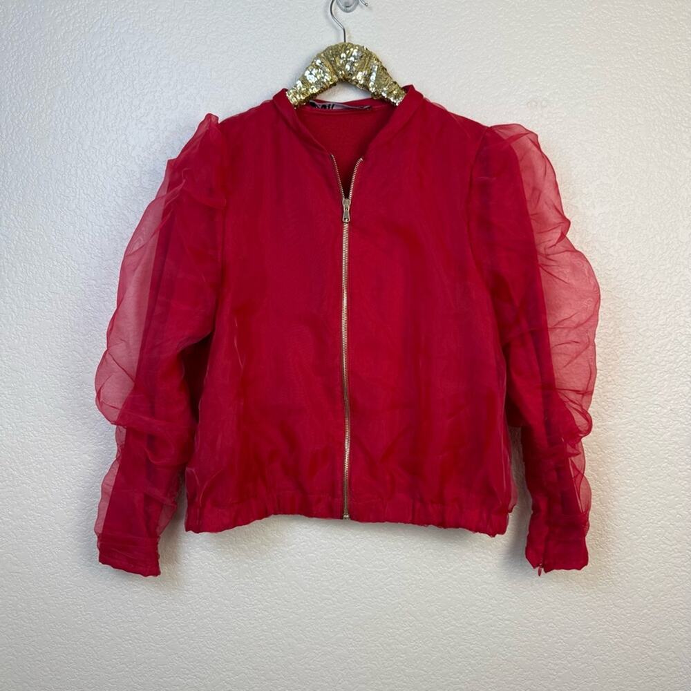 Zara • Red Ruched Bomber Jacket - Picture 2 of 15